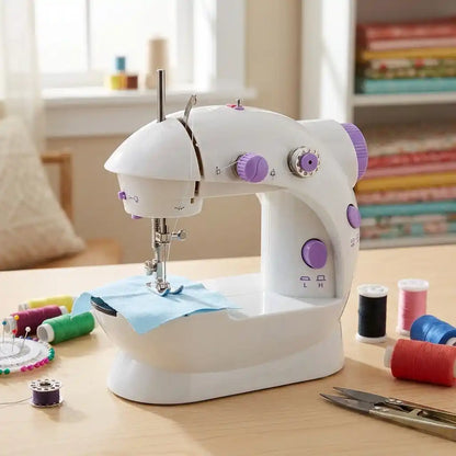Mini hand sewing machine with white housing and purple dial settings, needle and stitch plate