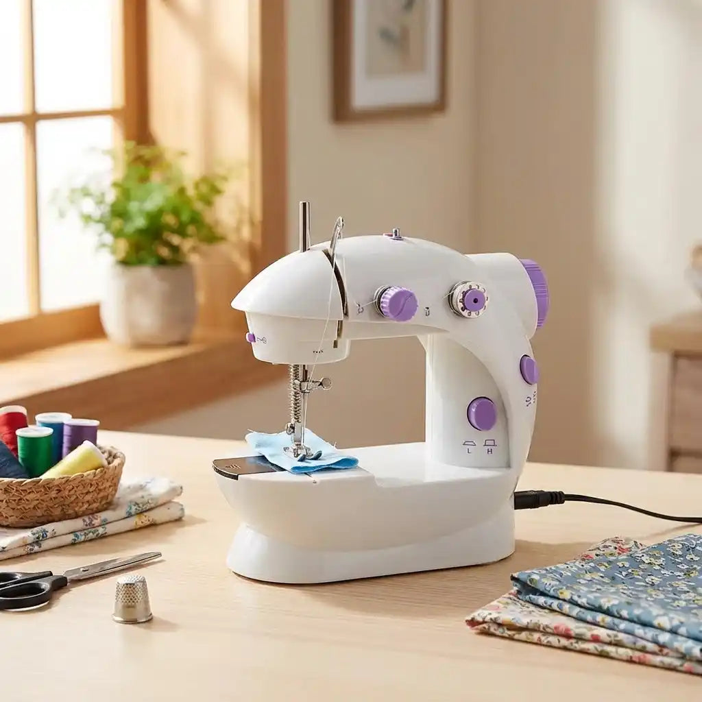 Mini hand sewing machine with white body and purple control knobs, needle poised over fabric