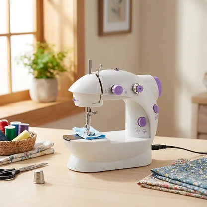 Mini hand sewing machine with white body and purple control knobs, needle poised over fabric