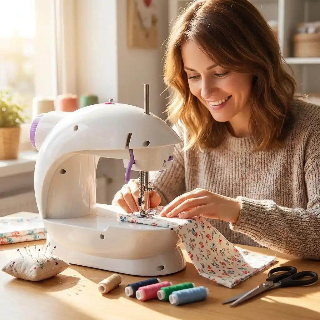 Mini hand sewing machine with white body and purple controls, person guiding fabric under needle