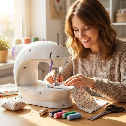 Mini hand sewing machine with white body and purple controls, person guiding fabric under needle