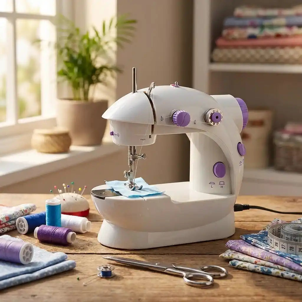 Mini hand sewing machine with white casing and purple dials, needle and presser foot visible