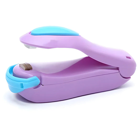 Purple mini handheld heat sealer with blue top and sealing head, compact design