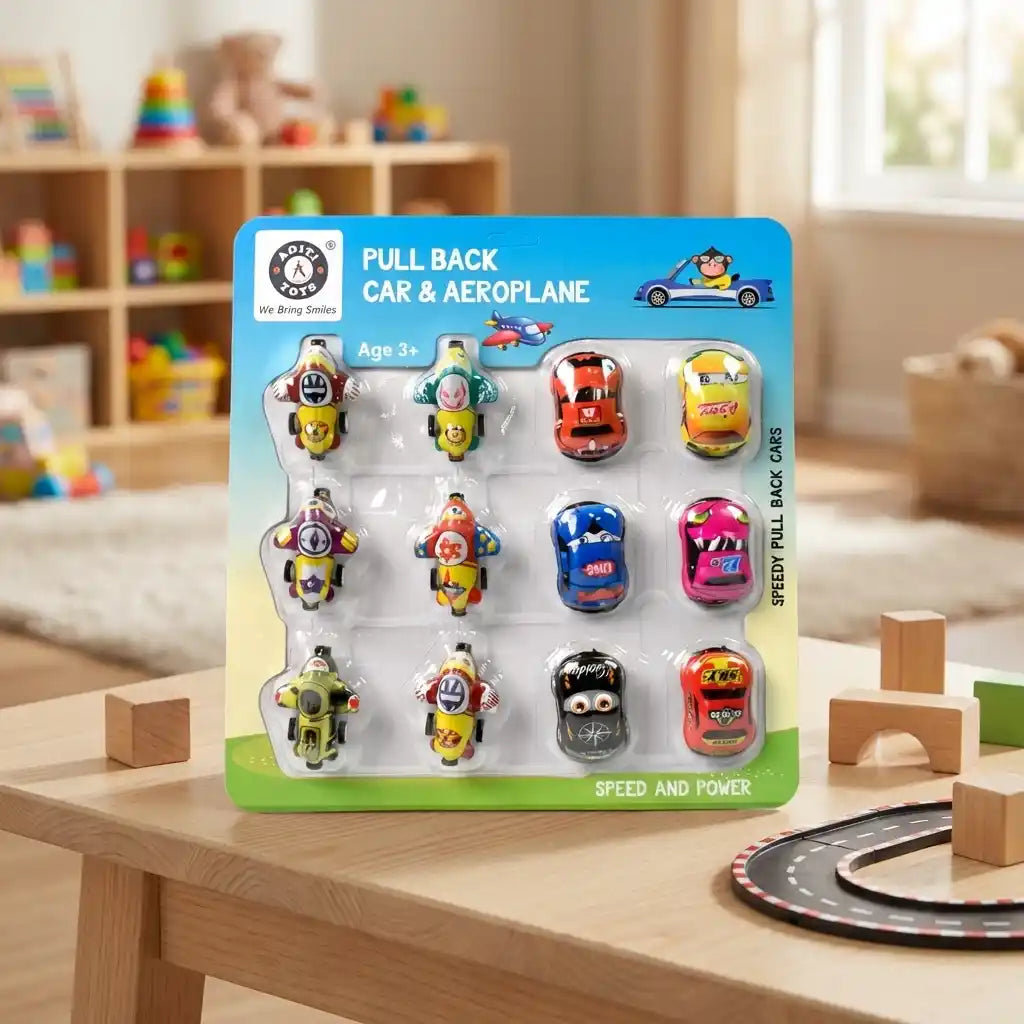 Mini pull-back car toy set on blister card showing multiple cars and aeroplane figures