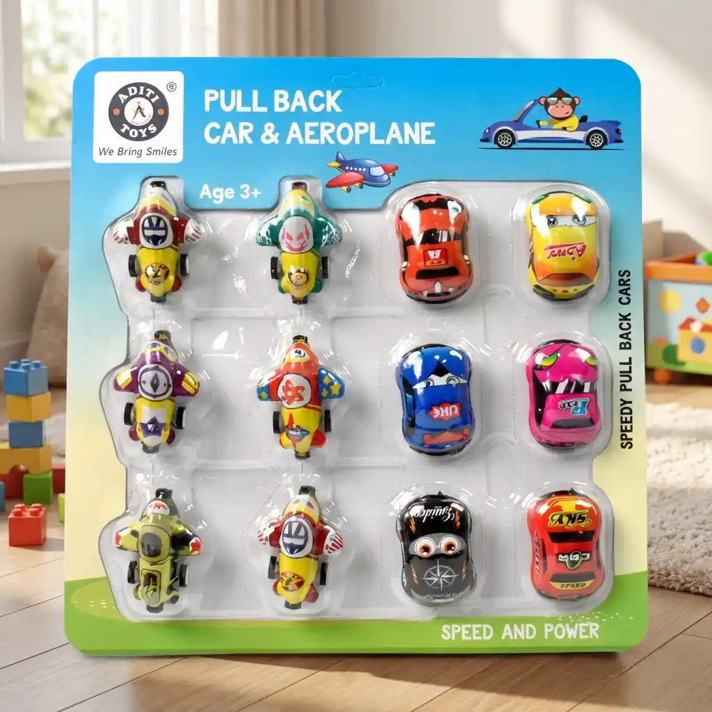 Mini pull-back car toy set blister pack featuring red, blue, yellow and pink vehicles