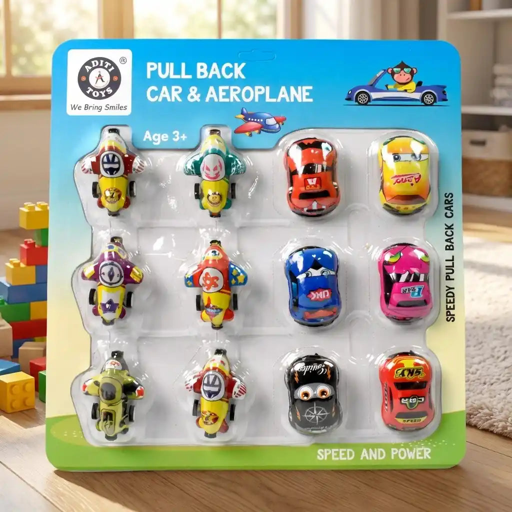 Mini pull-back car toy set blister card with colorful cars and aeroplanes lineup