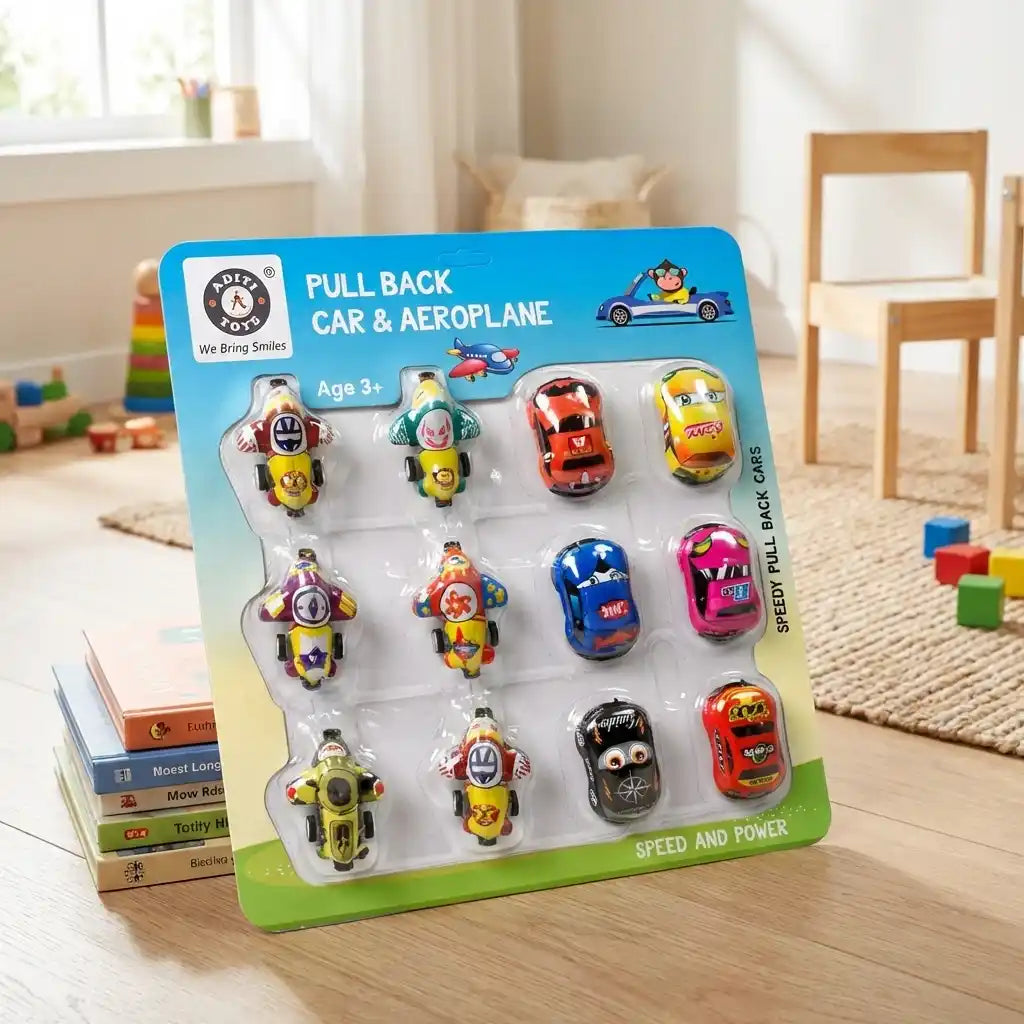 Mini pull-back car toy set (12 pcs) blister pack with cars and aeroplanes