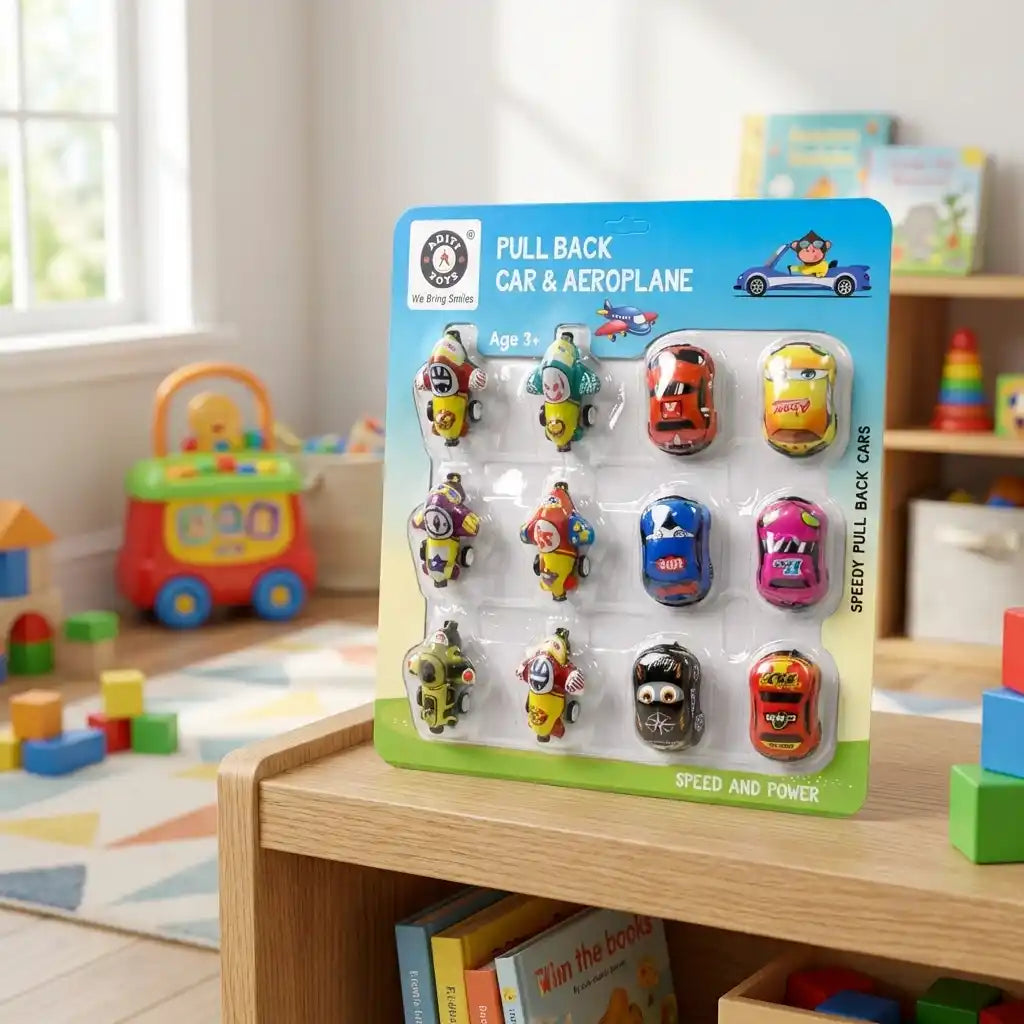 Mini pull-back car toy set (12 pcs) on blister pack with cars and aeroplanes