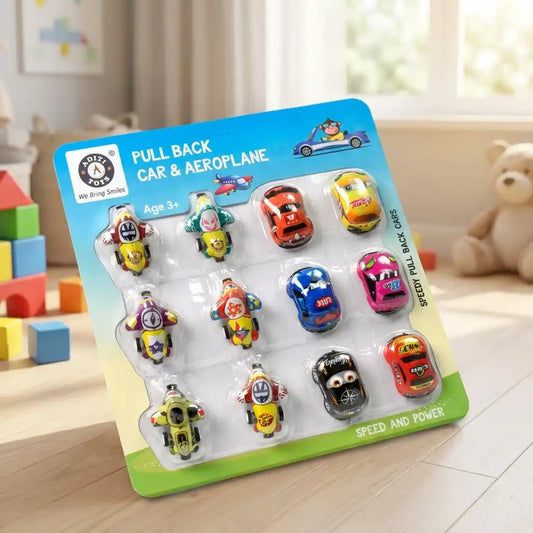 Mini pull-back car toy set (12 pcs) on blister card with colorful cars and aeroplanes