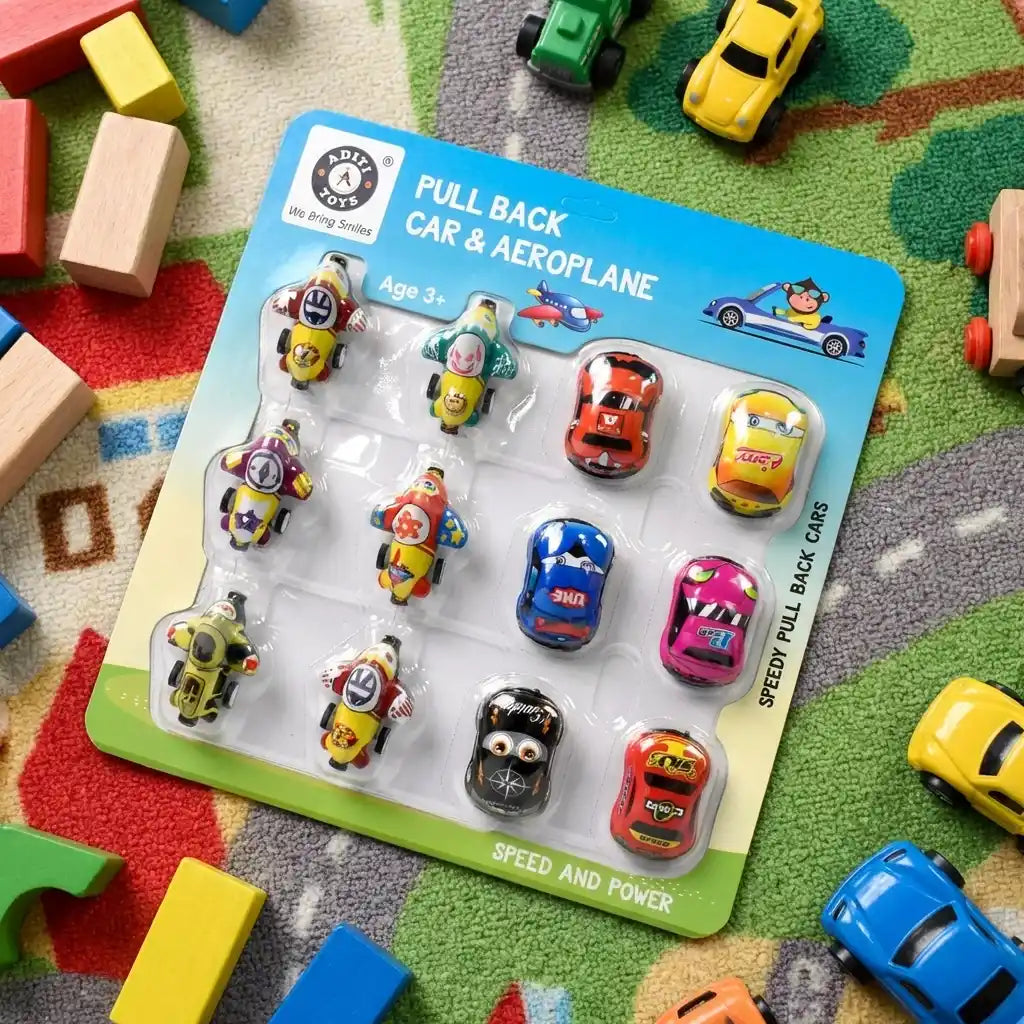 Mini pull-back car toy set blister pack with colorful pull-back vehicles and pilots