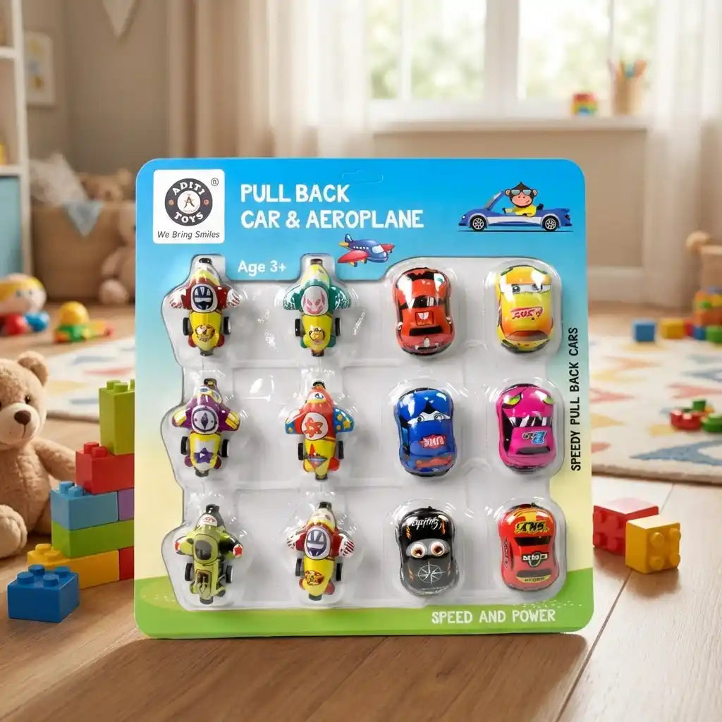 Mini pull-back car toy set blister pack with cars, aeroplanes, and character designs