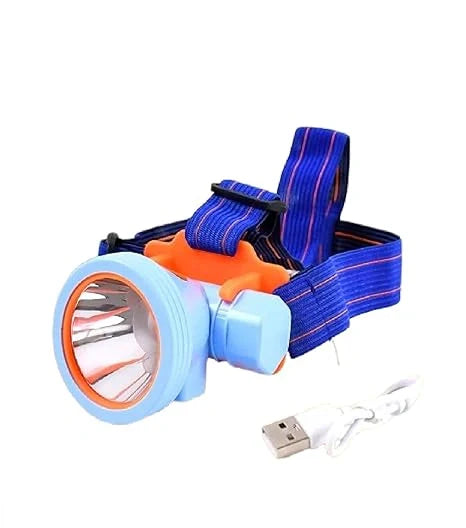 Mini rechargeable headlamp with round orange-accent lens, blue strap, and USB charging cable