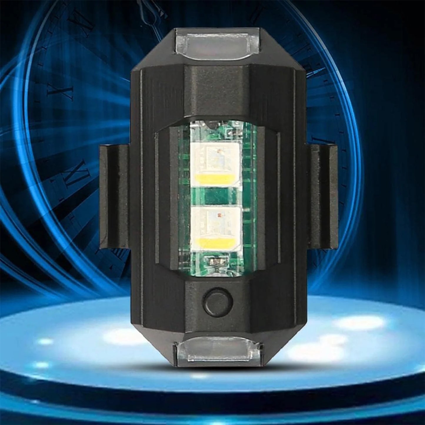 Mini LED strobe light with clear front window and circular button on black housing