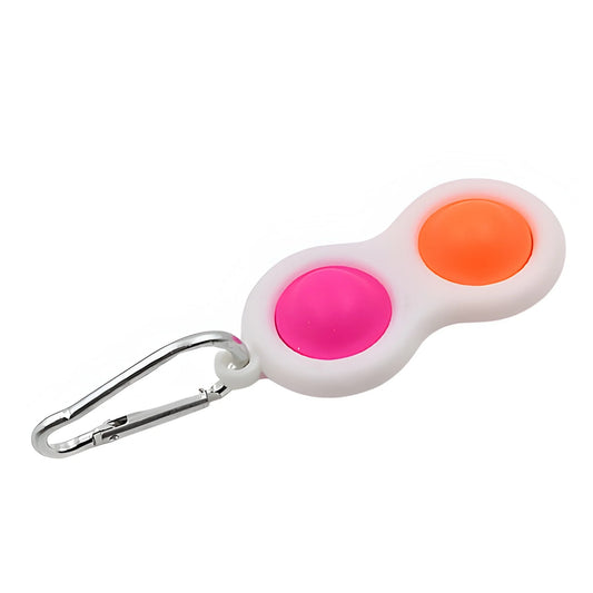 Mini fidget keychain with white silicone case and two pop bubbles, orange and pink