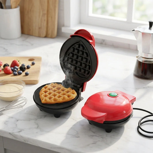 Mini waffle maker machine with open lid, showing golden waffle in nonstick plates.