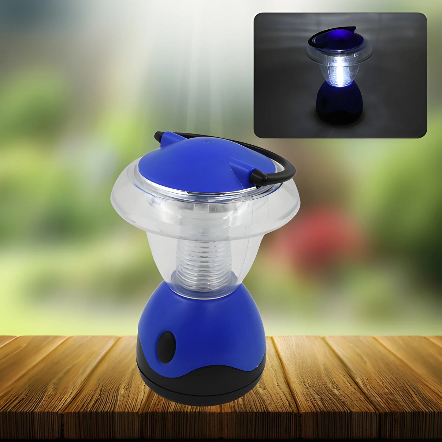 Mini waterproof camping lantern with blue base and clear top, handheld handle