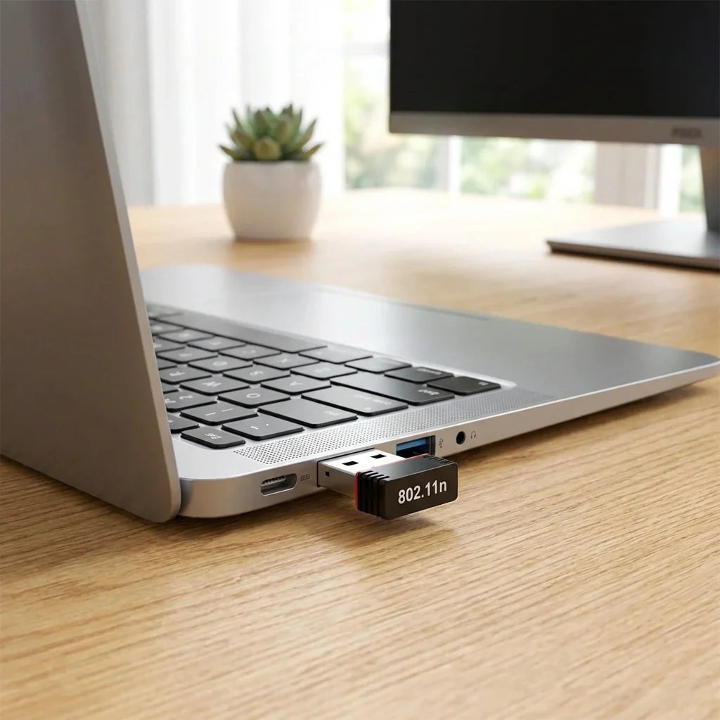 Mini Wi-Fi USB adapter with 802.11n label, plugged into USB port