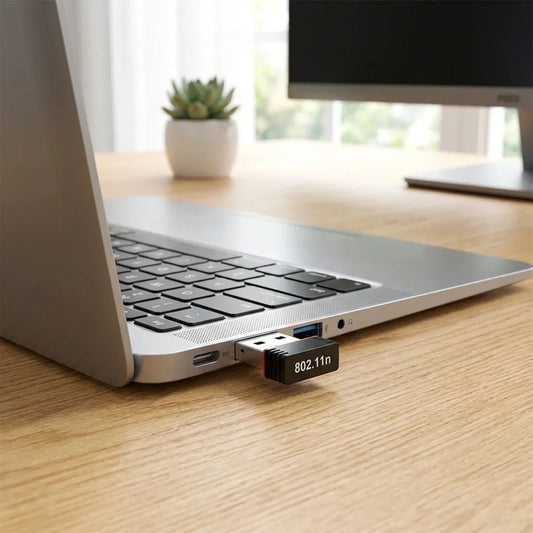 Mini Wi-Fi USB adapter with 802.11n label, plugged into USB port