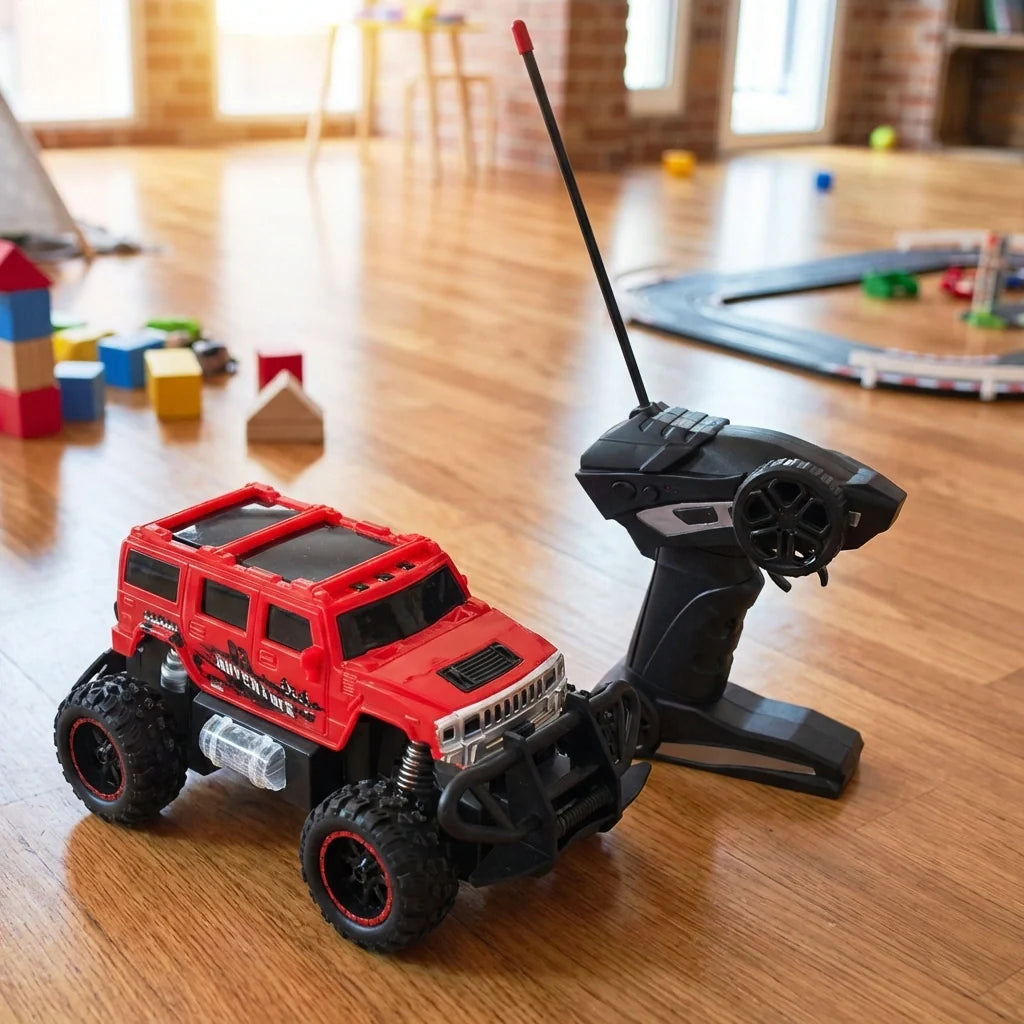 Red RC race car toy with mist spray, rugged tires, and handheld controller
