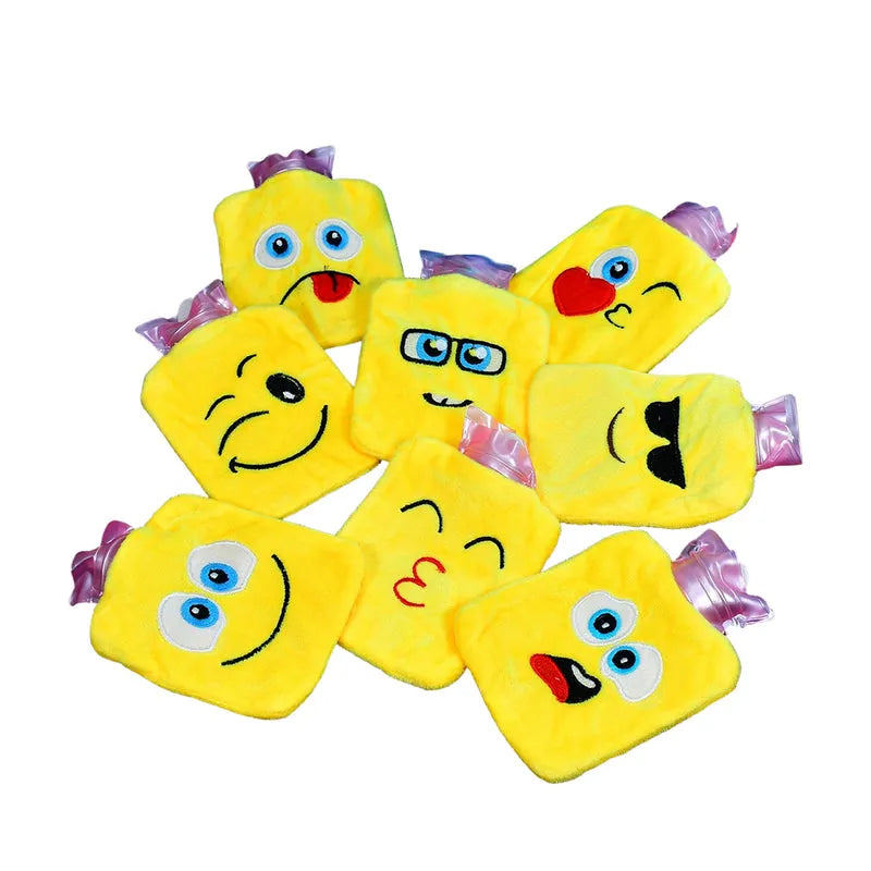 Small hot water bag featuring assorted yellow emoji face covers