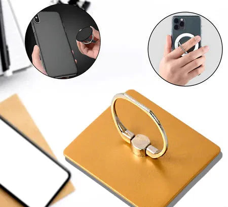 Ring phone stand with gold-toned circular grip, flat base.