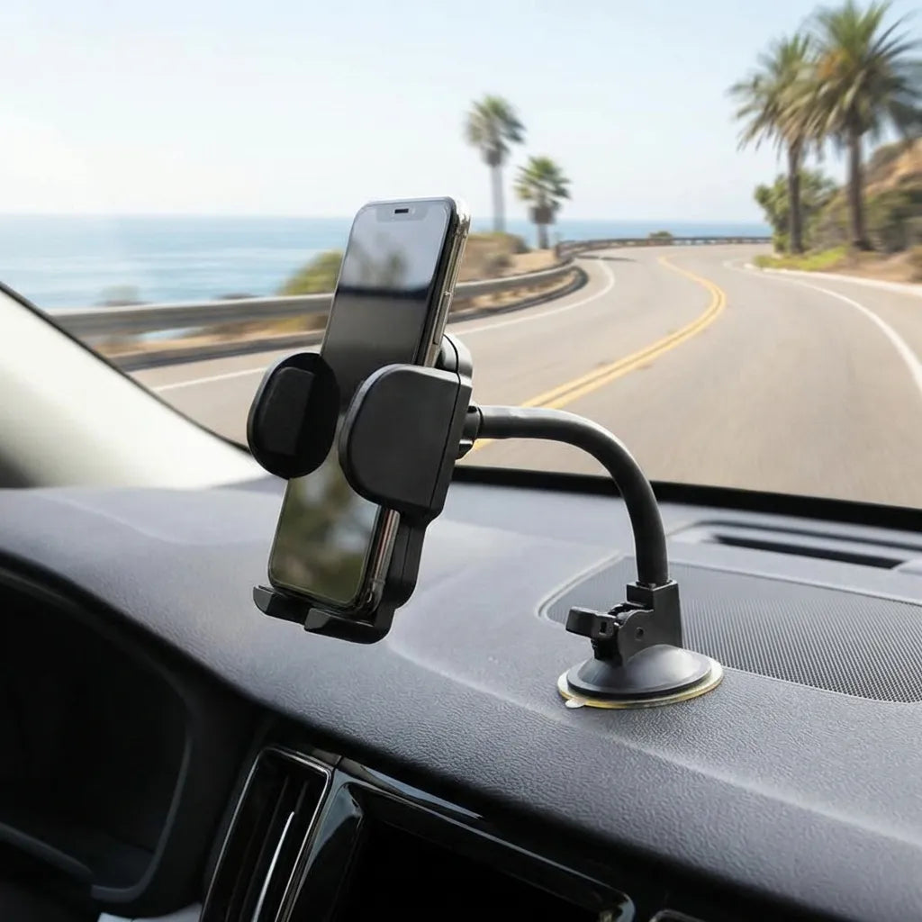 Car mobile phone holder with dashboard stand and clamp, holding a phone