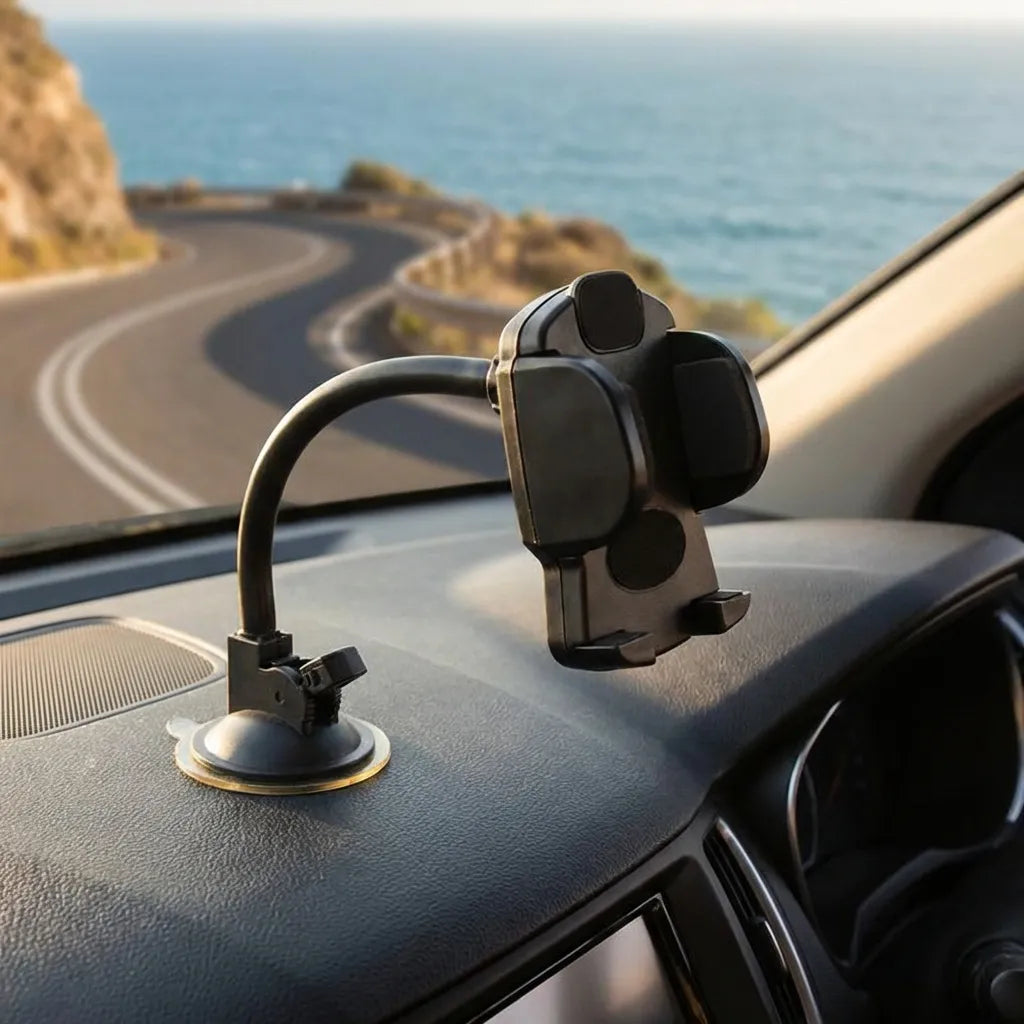 Car mobile phone holder with suction base and phone clamp on dashboard