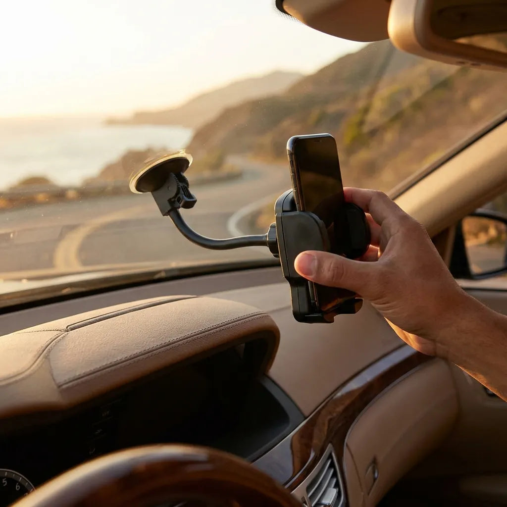 Car mobile phone holder with flexible arm and clamp, phone being fitted