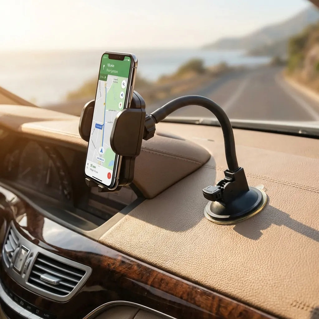 Mobile phone holder with suction base on dashboard, phone in clamp cradle