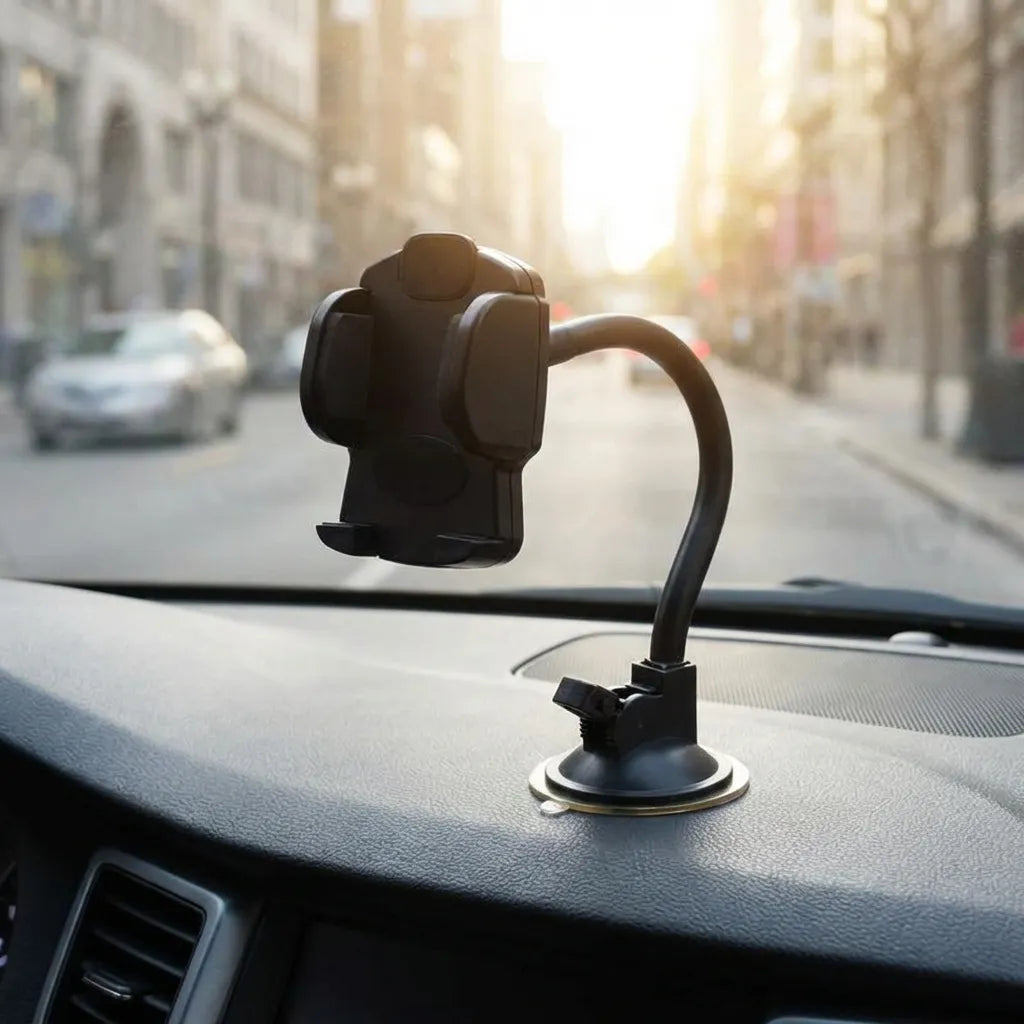 Car mobile phone holder with suction base on dashboard, phone mounted vertically