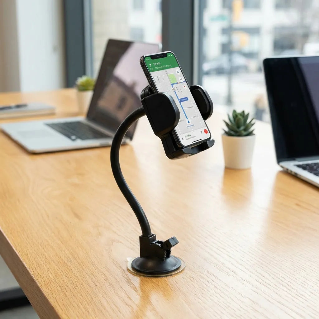 Mobile phone holder with suction base on tabletop, phone mounted vertically