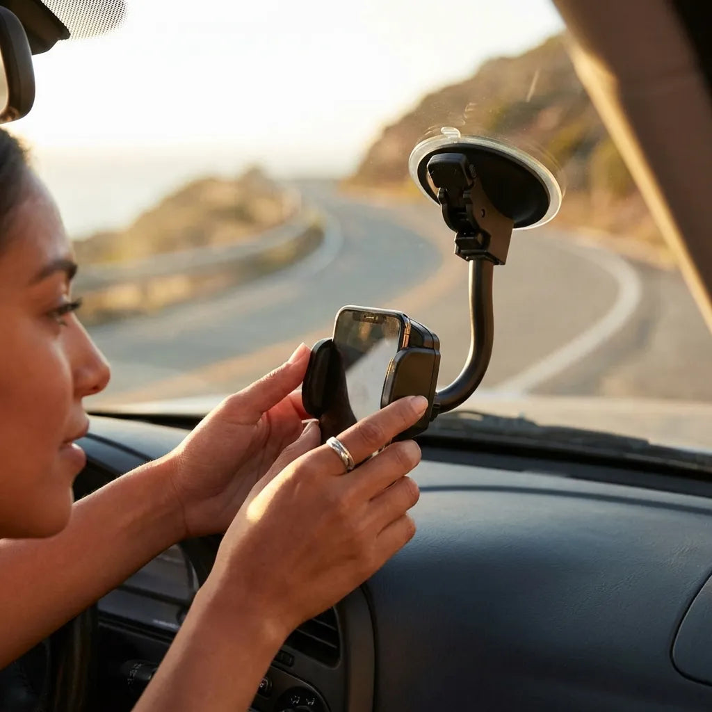 Car mobile phone holder with clamp attachment, phone being secured in cradle