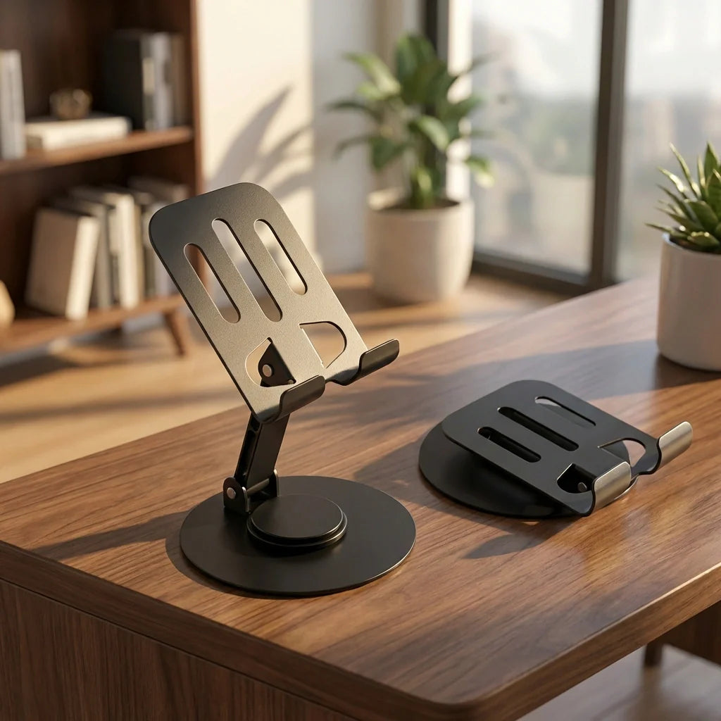 Foldable mobile stand with circular base and adjustable grip, dark metal