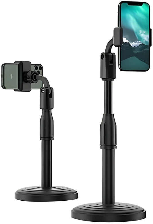 Adjustable mobile stand with clamp, telescoping arm, and round base, black