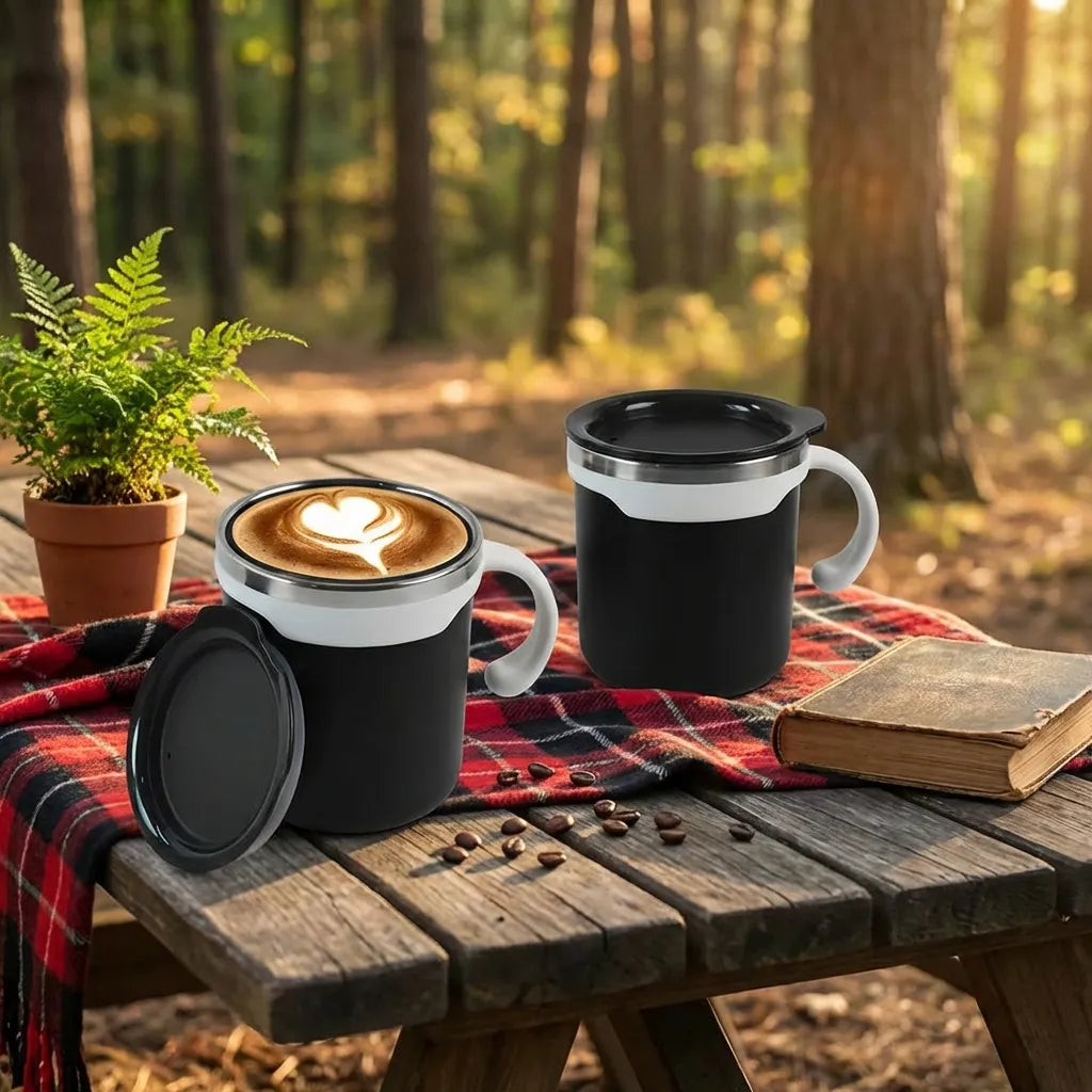 Mocha mug set: two black insulated mugs with silver rims and matching hinged lids