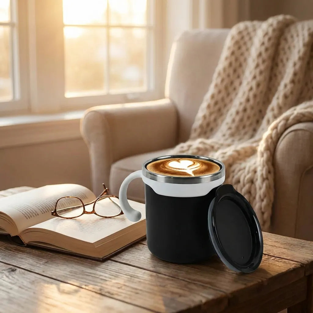 Mocha mug set: black insulated mug with silver rim, hinged lid partially open, latte surface