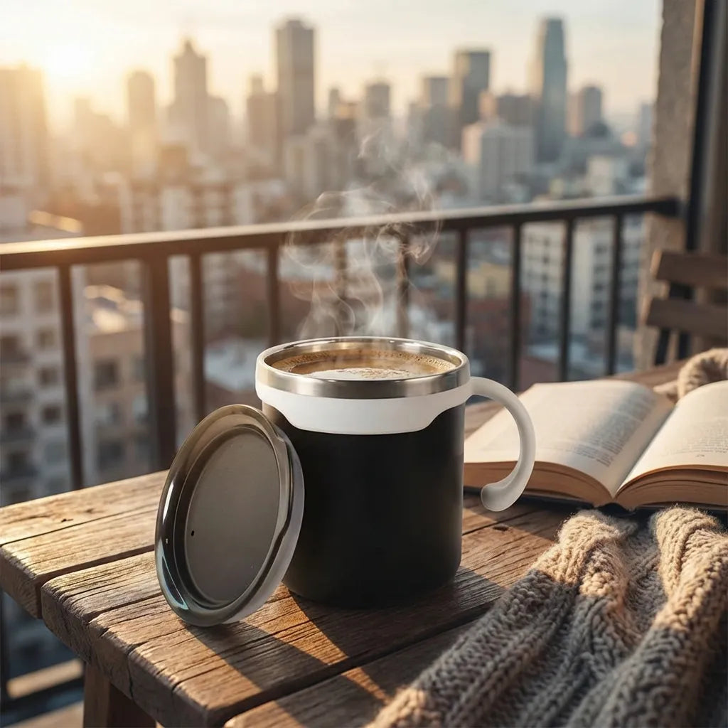 Mocha mug set: black insulated mug with silver rim, hinged lid open, on wooden table