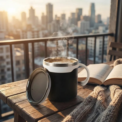 Mocha mug set: black insulated mug with silver rim, hinged lid open, on wooden table