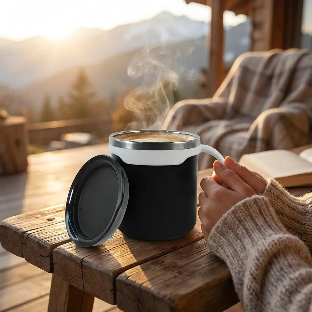 Mocha mug set: black insulated mugs with silver rim, open lid, one with steam visible