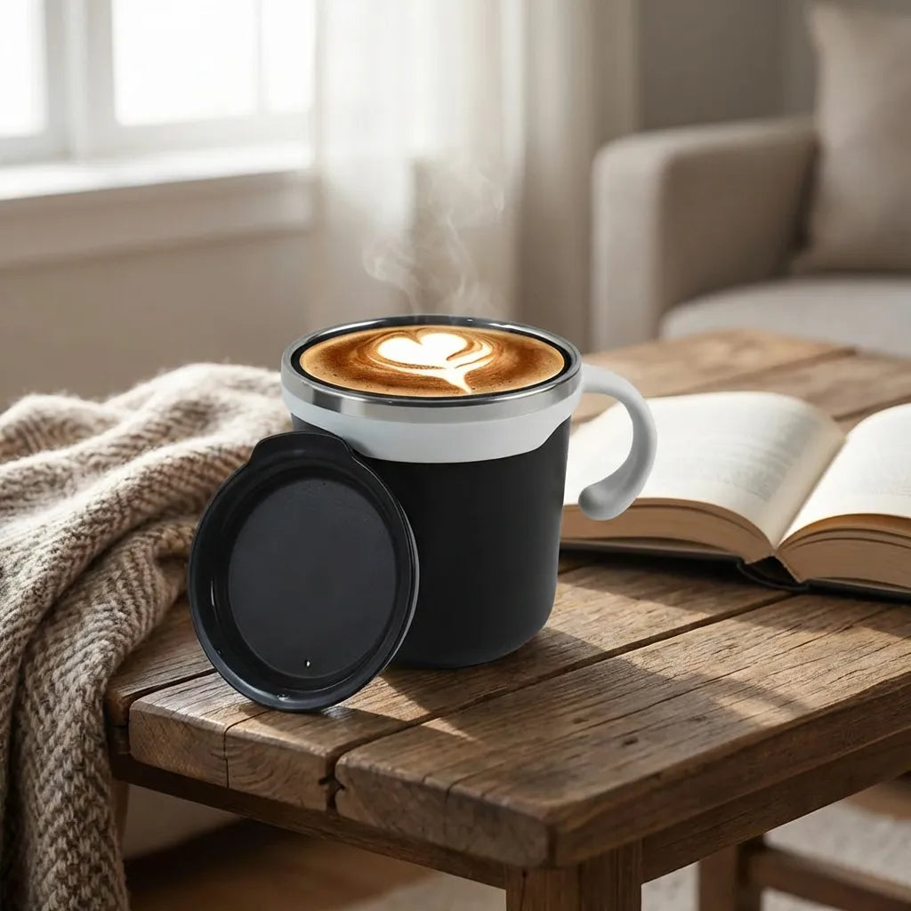 Mocha mug set: black insulated mug with silver rim, open lid, latte foam in top