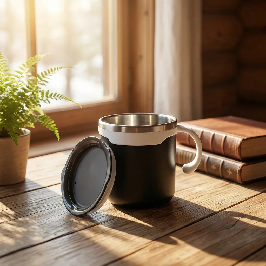 Mocha mug set: black insulated mug with silver rim and hinged lid, handle facing right
