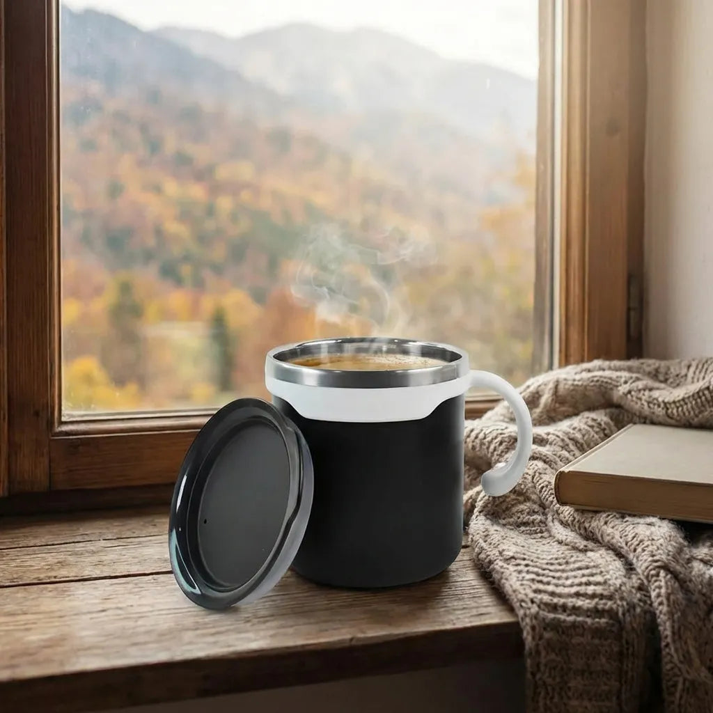 Mocha mug set: black insulated mug with silver rim, hinged lid open, steam rising