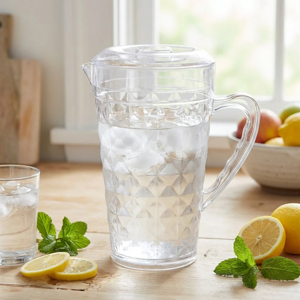 Clear plastic mocktail jug with lid, handle, and textured diamond pattern