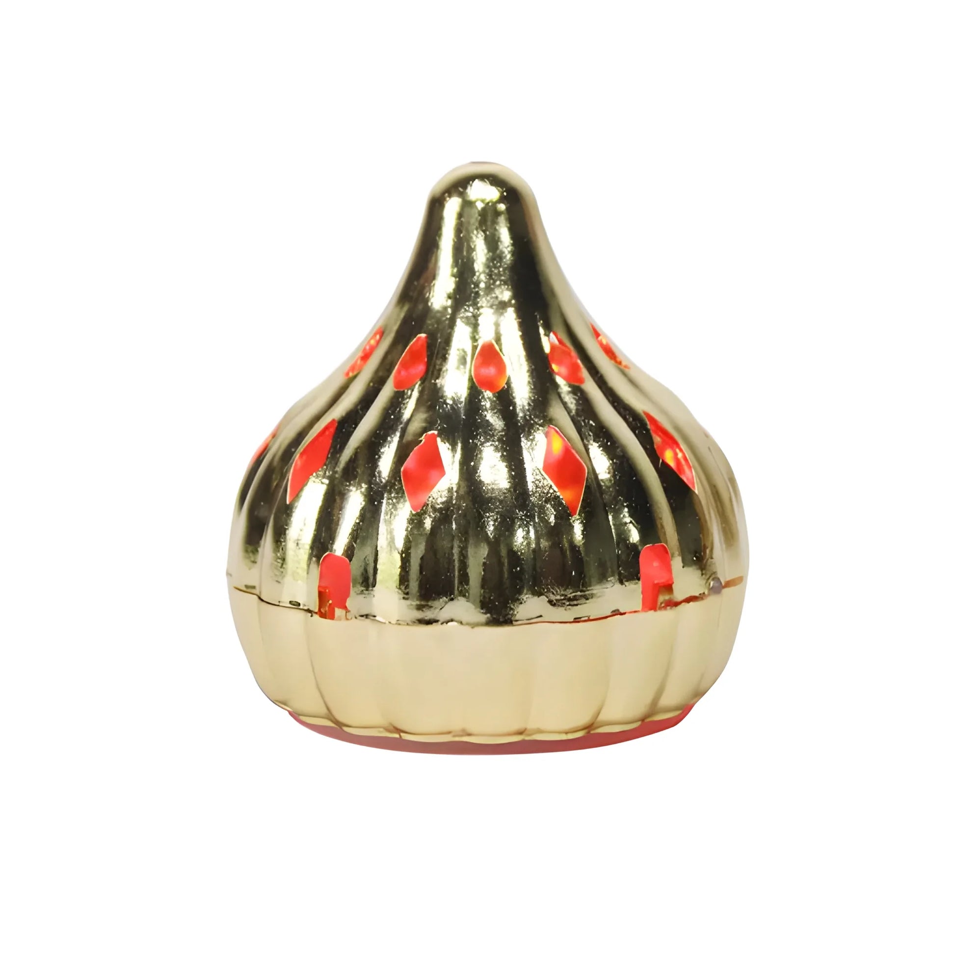 Gold LED festive light with red dot accents, cone-shaped