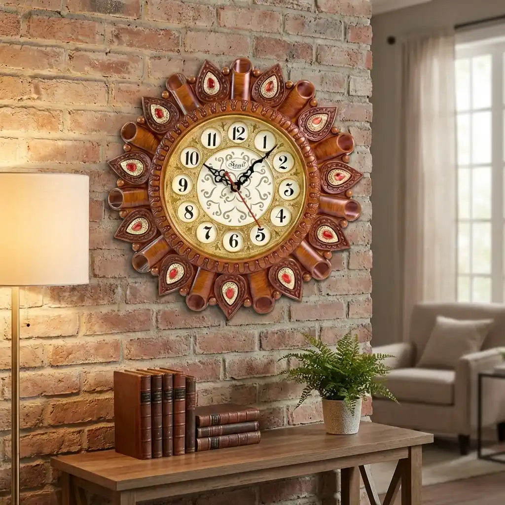 Round ornate wall clock with dark brown carved frame, red accents, cream dial, Roman numerals.