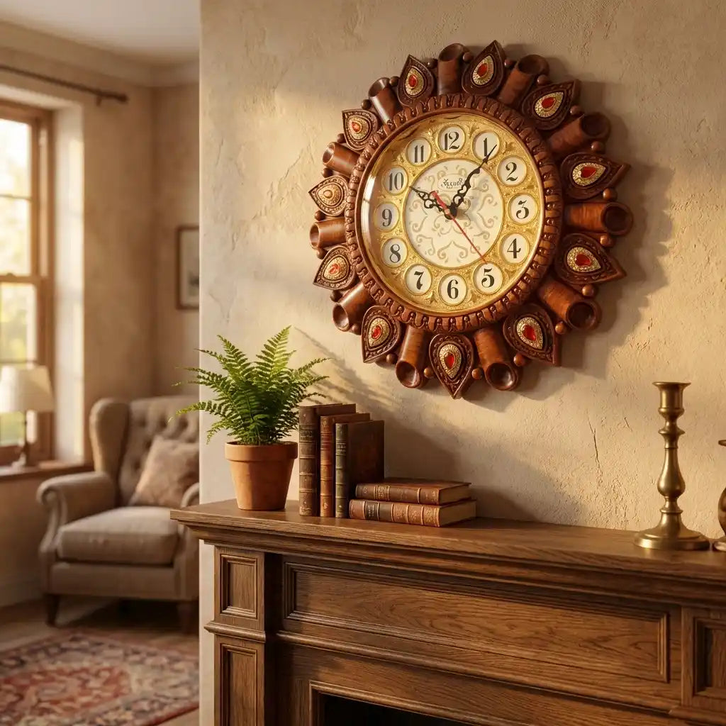 Round rustic wall clock with carved dark brown rim, red inlays, cream dial, Roman numerals.