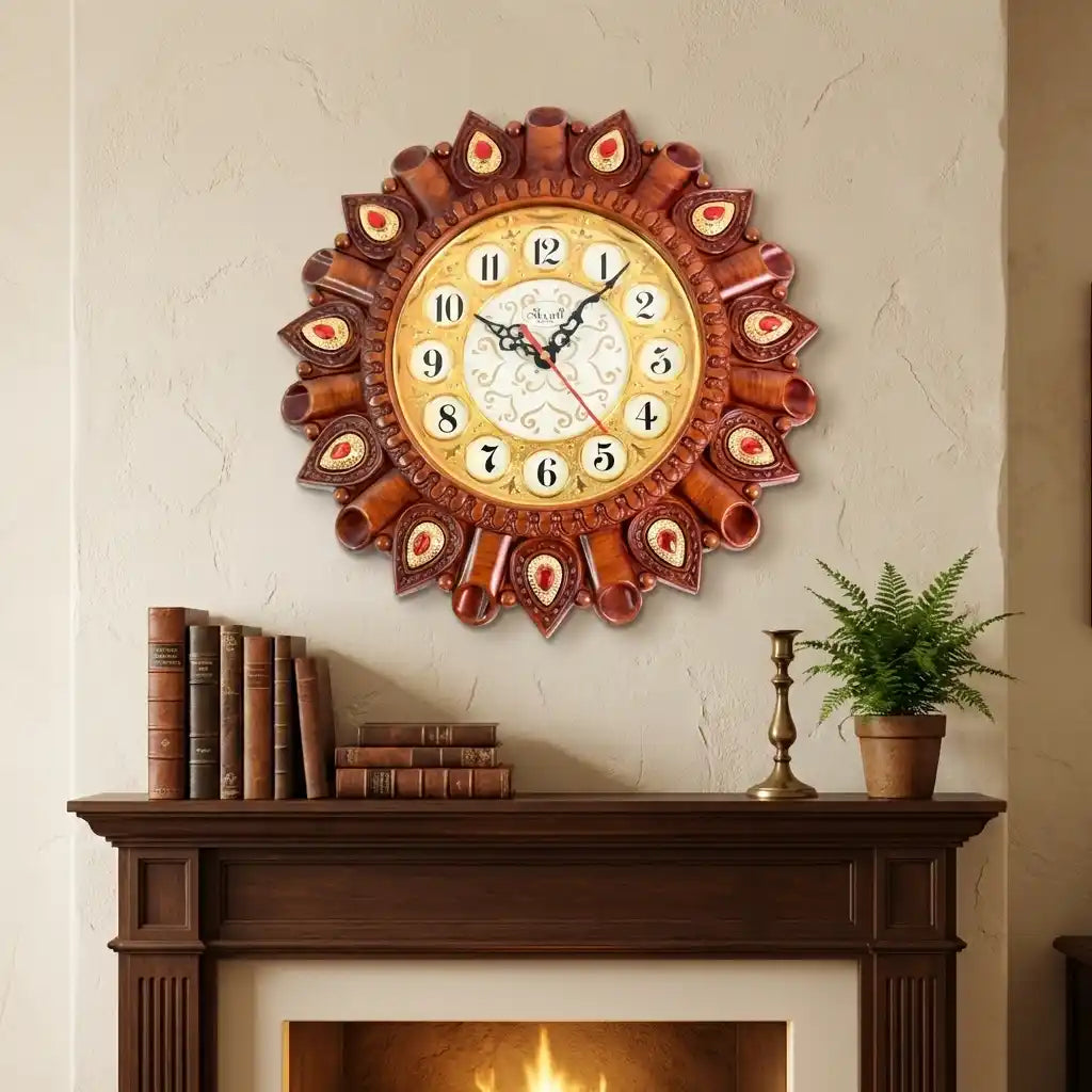 Decorative round wall clock with carved brown edge, red jewel details, cream dial and Roman numerals.
