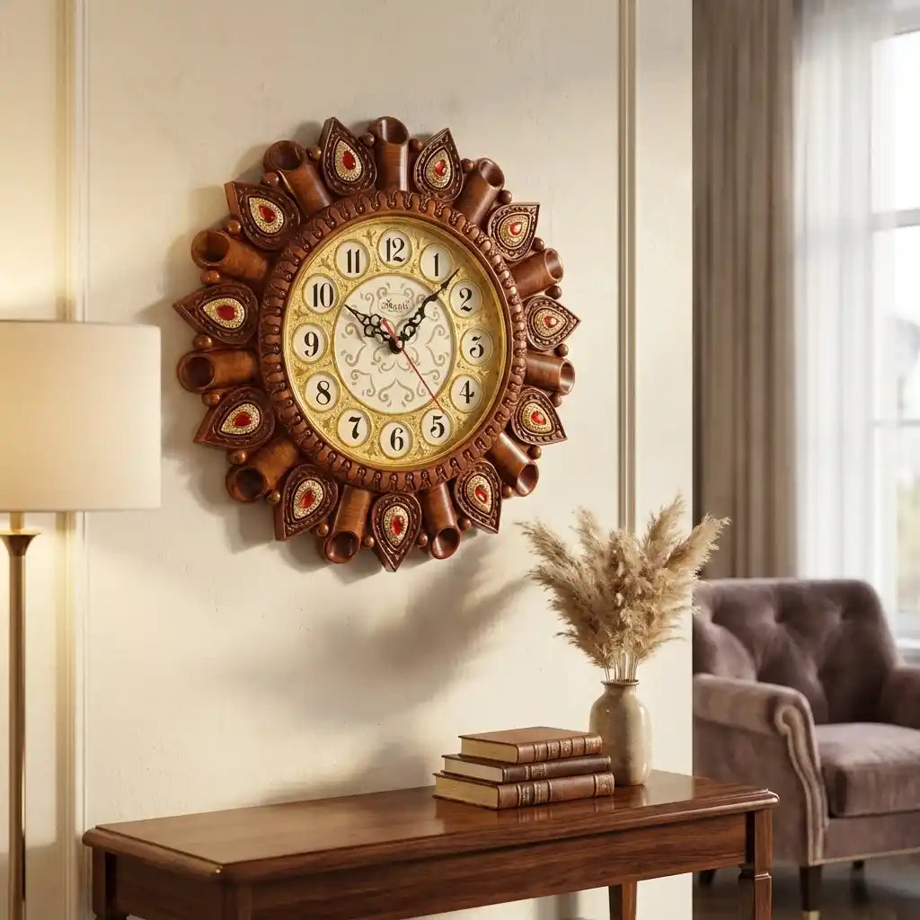 Rustic decorative wall clock: carved brown frame, red inlays, cream face with Roman numerals.