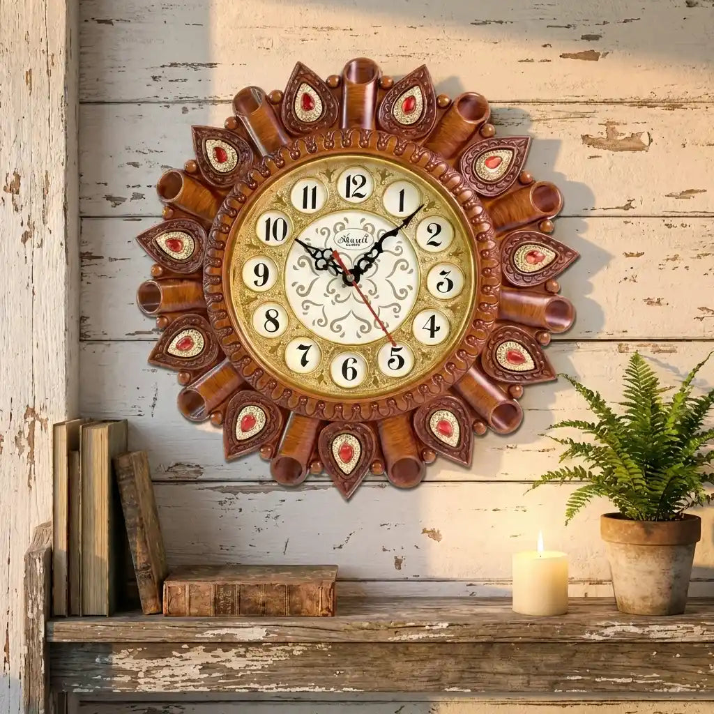 Round ornate wall clock with dark brown bezel, red-and-gold details, cream dial, Roman numerals.