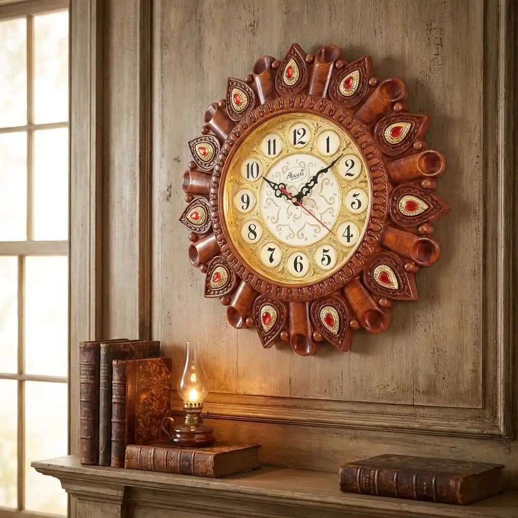 Ornate round wall clock with dark brown casing, red accents, cream dial, Roman numerals.